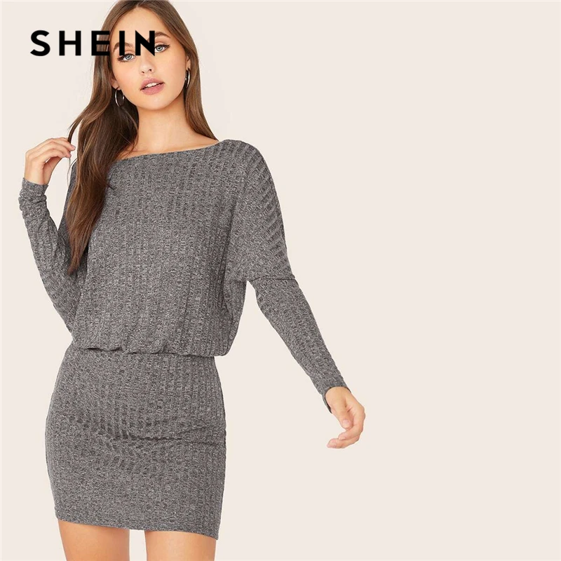 SHEIN Бордовое платье с рукавом летучая мышь, вязанное в рубчик, женское осеннее платье с вырезом лодочкой и длинным рукавом, Дамское приталенное элегантное мини-платье