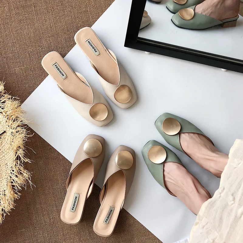 

Slipper Women's Outer Wear Women's Summer 2019 New Style Students Metal round Buckle Closed-toe Slipper Korean-style Versatile C