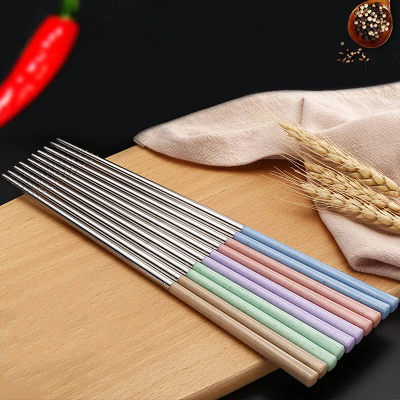 

Wheat Straw Stainless Steel Kitchen Gadgets Tableware Portable Reusable Chinese Chopsticks 1 Pair Food Sticks