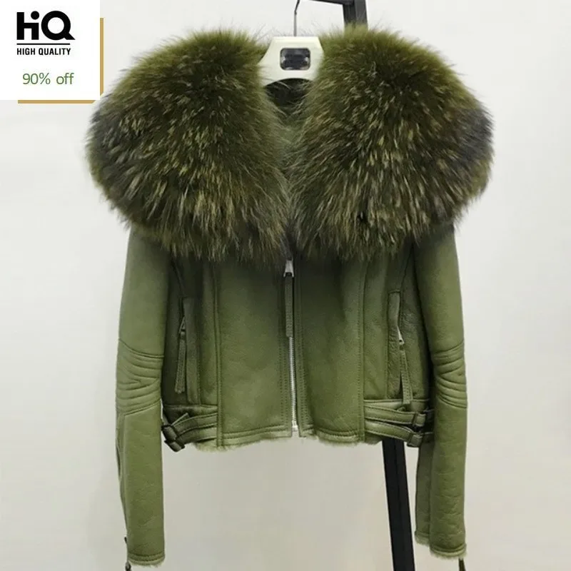 

Women Real Sheep Fur Coat Winter Warm Fashion Genuine Sheepskin Leather Shearling Jacket Natural Real Large Raccoon Fur Collar