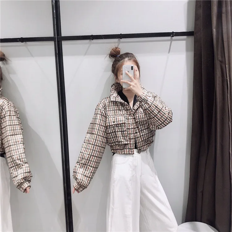 

Overplus of Goods Exported to Europe And US Autumn & Winter Women's Short Fold-down Collar Loose-Fit Stand Collar Short Plaid Ja