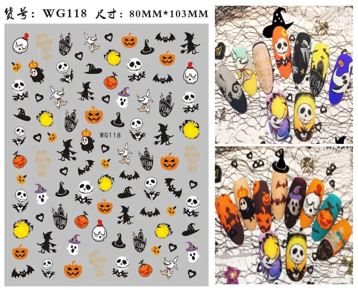 ハロウィーンネイルアートステッカー恐怖猫カボチャ口花3dマニキュア装飾ビッグサイズストリップwg036 ステッカー スキン Aliexpress