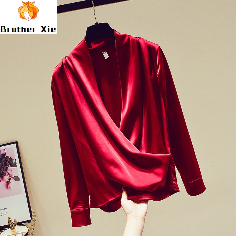 

2020 Spring Autumn New Women's Long-sleeved Deep V Nack Blouses Ladies Chiffon Blouses Red Jacket Blusas Girls Basic Tops