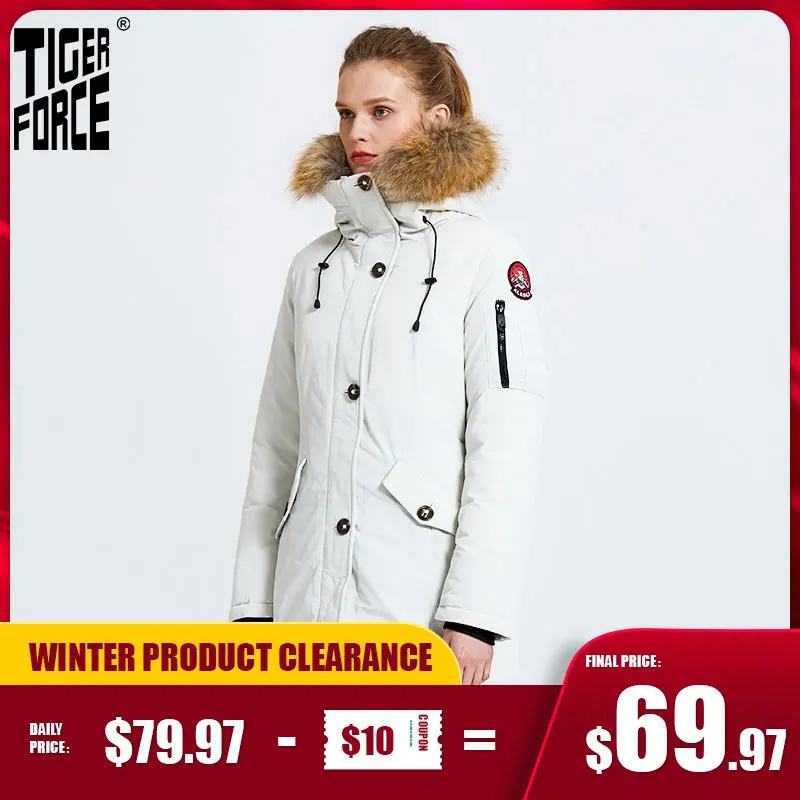 Winter Jacket Coat Women Parka Tiger-Force Female Fur Thick Warm with Raccoon-Fur Collar
