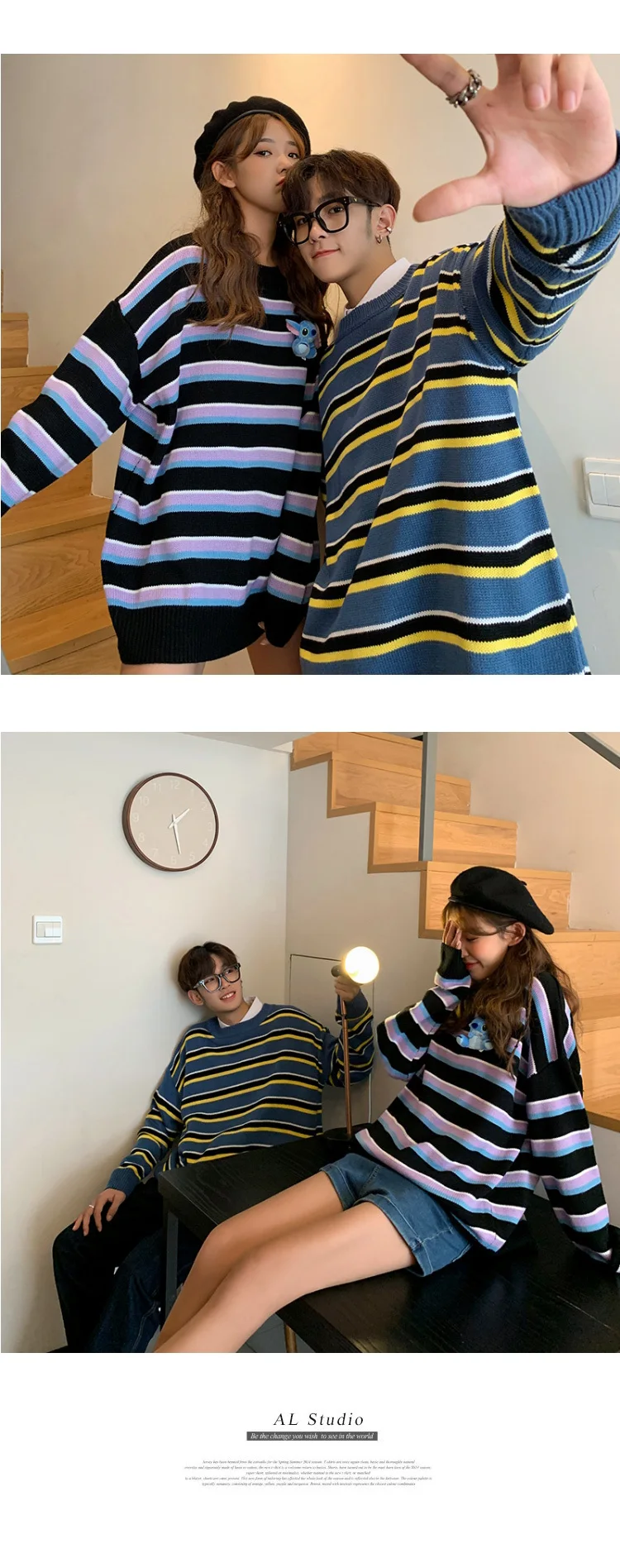 Winter Striped Sweater Men Warm Fashion Contrast Color Knitted Pullover Men Loose Knitting Sweaters Lovers Sweter Clothes M-2XL