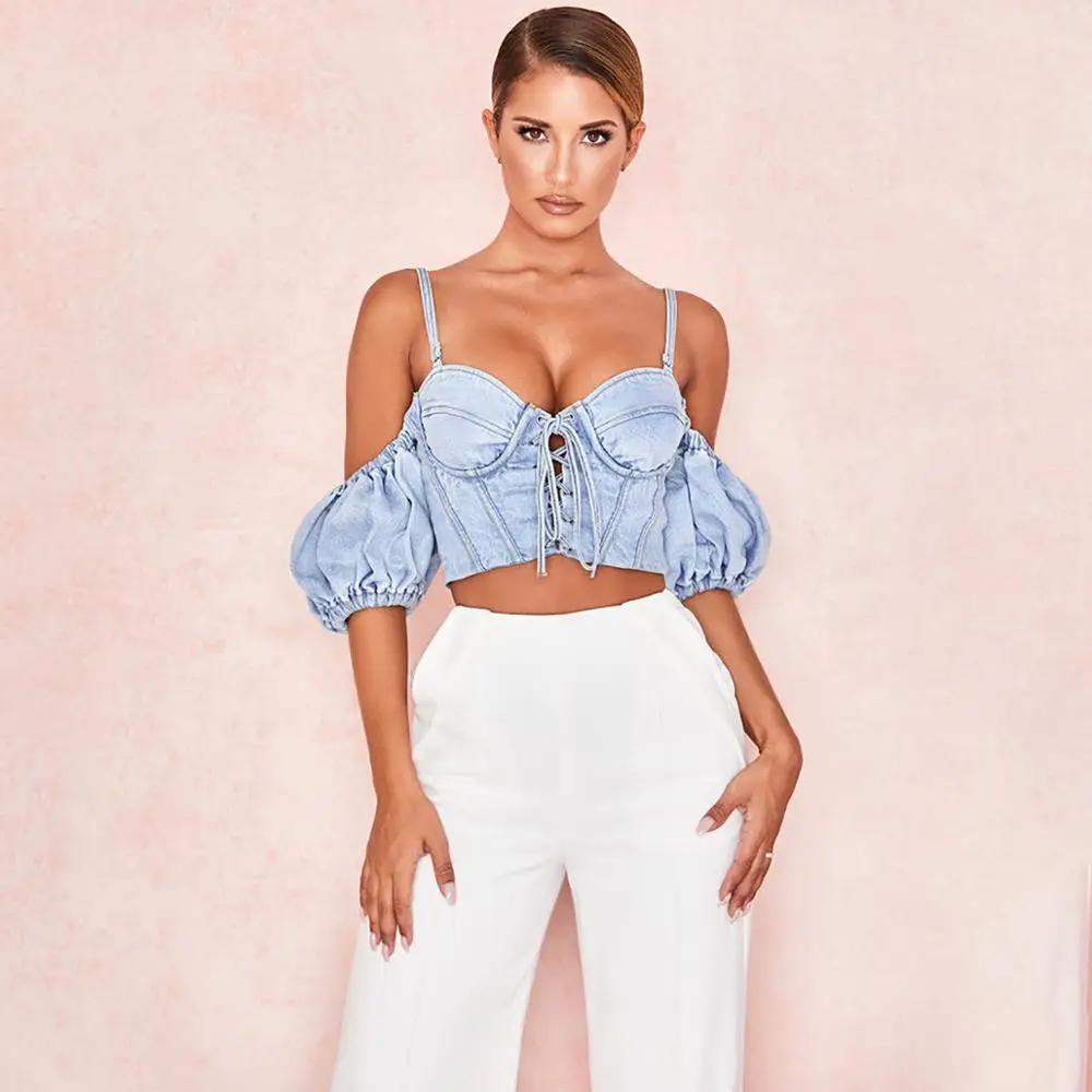 

streetwear denim crop top puff sleeve short tube bandage tank top women lace up elastic blue jeans crop top female