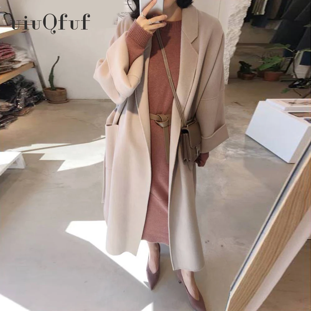 

Vintage Autumn Women Wool Coats Long Sleeve Casual Open Front Abrigo Mujer Oversized Pockets Coats And Jackets Women