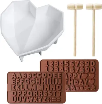 

5 Pcs/Set Silicone Diamond Heart Cake Mold Numbers Letters Chocolate Mold with 2pcs Wooden Hammers Mallets