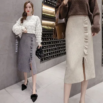 

2020 autumn winter women new fashion elastic waist stretch knit skirt side split step skirt package hip Slim lace skirt