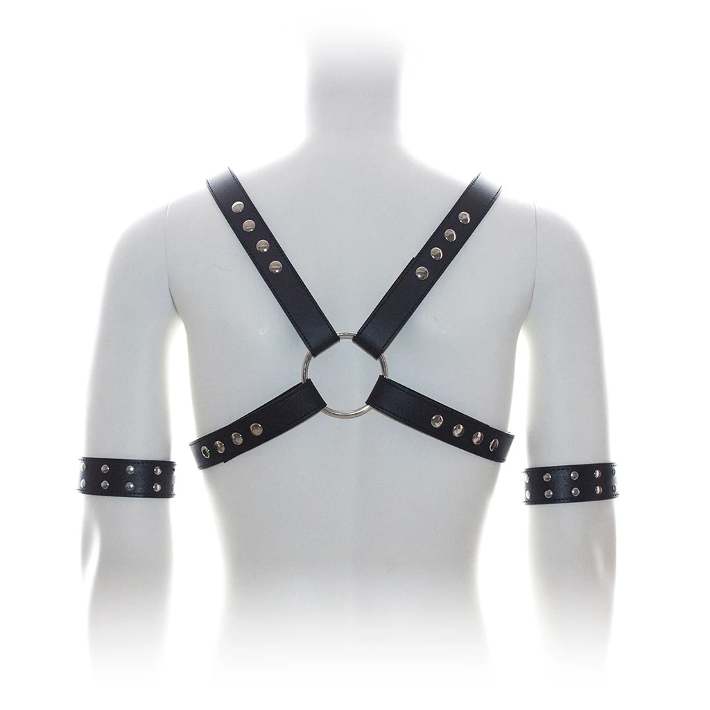 Black Body Chest Harness - Punk Goth Artificial Leather Belt with Buckles Rings for Men Women