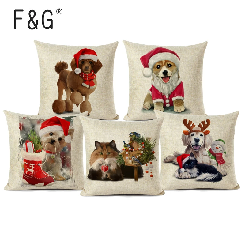 

Christmas Cushion Cover Christmas Decorative Pillow Case Cute Dog Cat Printed Throw Pillow Cover for Living Room Decoration