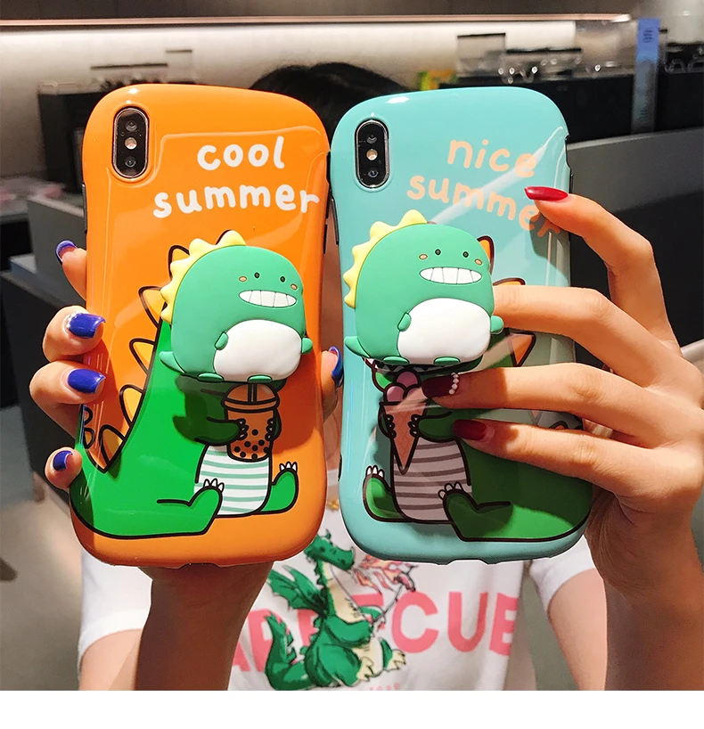

Cute Cartoon Small Dinosaur Bracket Case, Suitable For IPhone 11 Pro XS Max X XR 7 8 6 Plus Luxury Fashion Silicone Back Cover