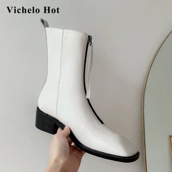

Vichelo Hot Chelsea boots genuine leather european style square toe thick med heel zipper office lady dress soft ankle boots L07