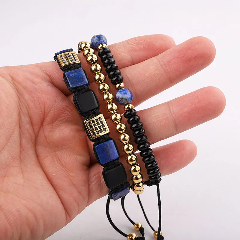 New High Quality Natural Square Stone Stainless Steel Gold Beads Friendship Macrame Bracelet Men - Image 2