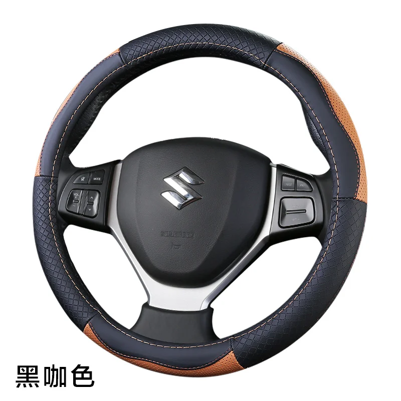 Верхний слой кожаный руль чехлы для Suzuki Alivio/Ciaz Alto Baleno Celerio Dzire Spacia Swift Wagon R Ignis Jimny SX4 - Название цвета: A black with coffee