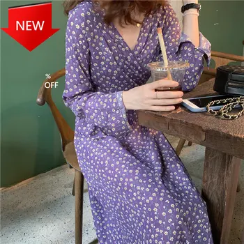 

Casual Cute Girls Women Fresh Dresses Autumn Purple Chic Print Floral Loose V-Neck Lace Up Sweet Gentle All-Match