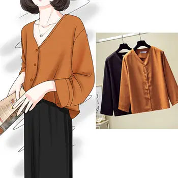 

COIGARSAM 4XL Plus Size Loose Shirt Womens tops Spring V-Neck Women shirts Black 1840