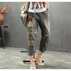 Женские джинсы деним брюки с вышивкой в стиле пэчворк повседневные большие свободные штаны на весну и осень AZ67243418