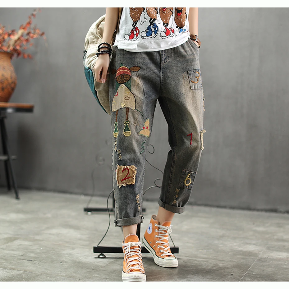 

Women Jeans Denim Pants Bottoms Embroidery Cartoon Distressed Patchwork Casual Big Loose for Spring Autumn AZ67243418