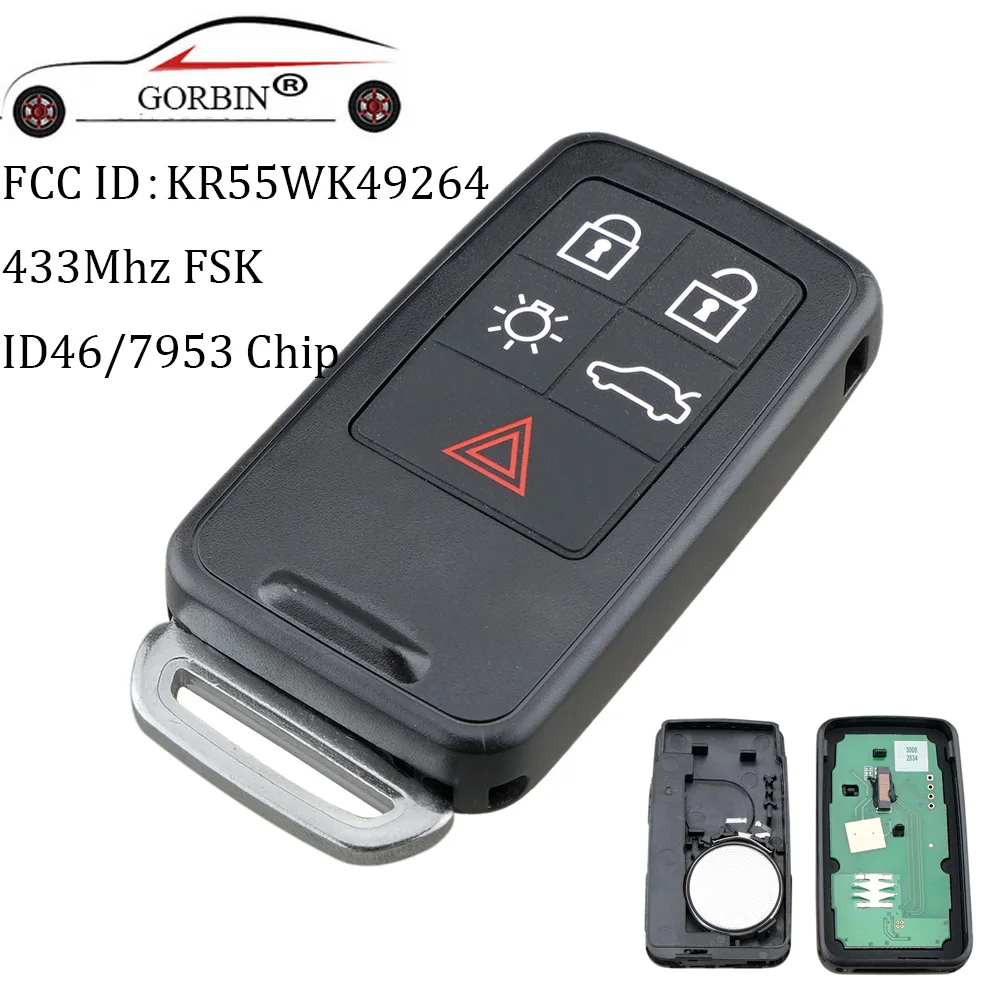

GORBIN 5 Button Smart Car Key Fob Remote Key 434Mhz ID46 Chip for Volvo XC60 S60 S60L V40 V60 S80 XC70 with Uncut Key Blade