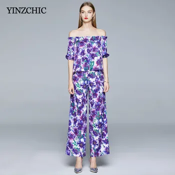 

Early Autumn Woman 2pcs Suit Floral Print Female T-shirt Pants Set Casual Slash Neck T-shirt Long Loose Pants Set Suit for Woman