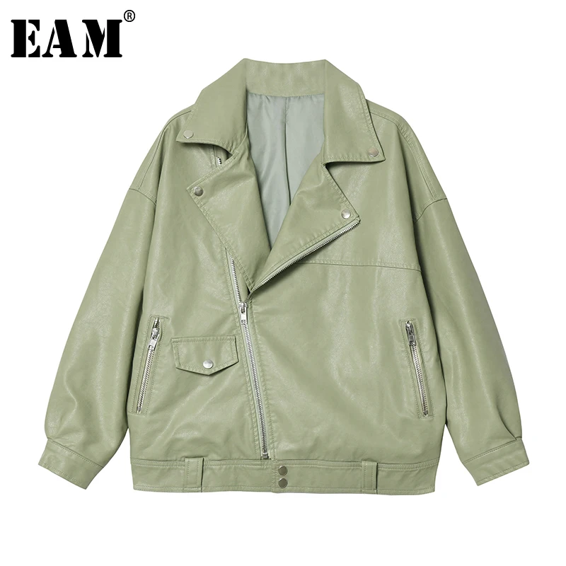 [EAM] свободная Зеленая куртка из искусственной кожи большого размера с карманами, новинка, Женское пальто с отворотом и длинным рукавом, модное осенне-зимнее 1A147