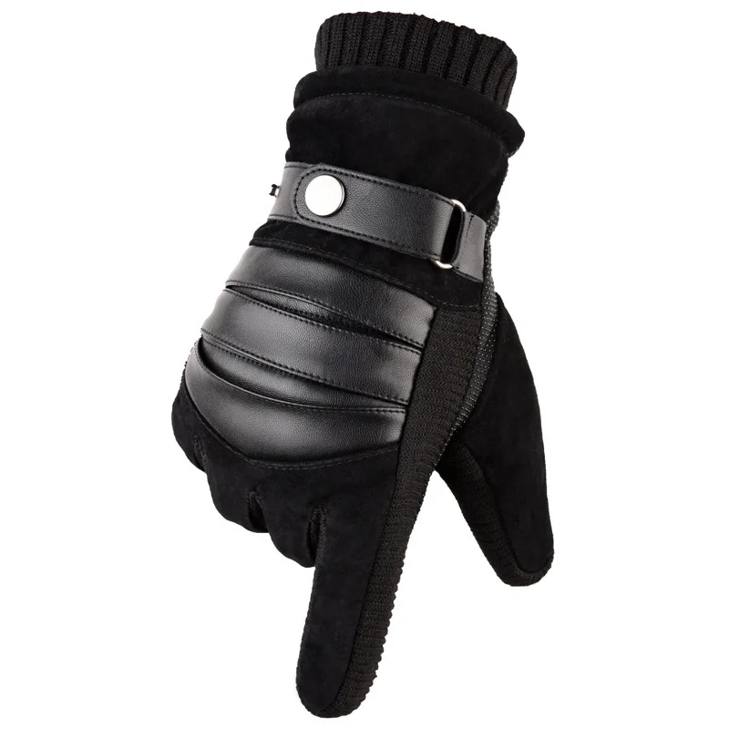 A01 Black Мужские зимние толстые теплые перчатки из искусственной кожи в стиле ретро, флисовые Нескользящие перчатки в стиле пэчворк - Цвет: A01 Black