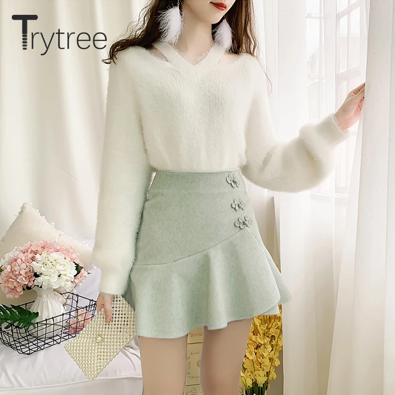 Trytree, осенне-зимний комплект из двух предметов, повседневный однотонный белый вязаный Топ+ юбка с оборками, модный мини-комплект трапециевидной формы, комплект из 2 предметов