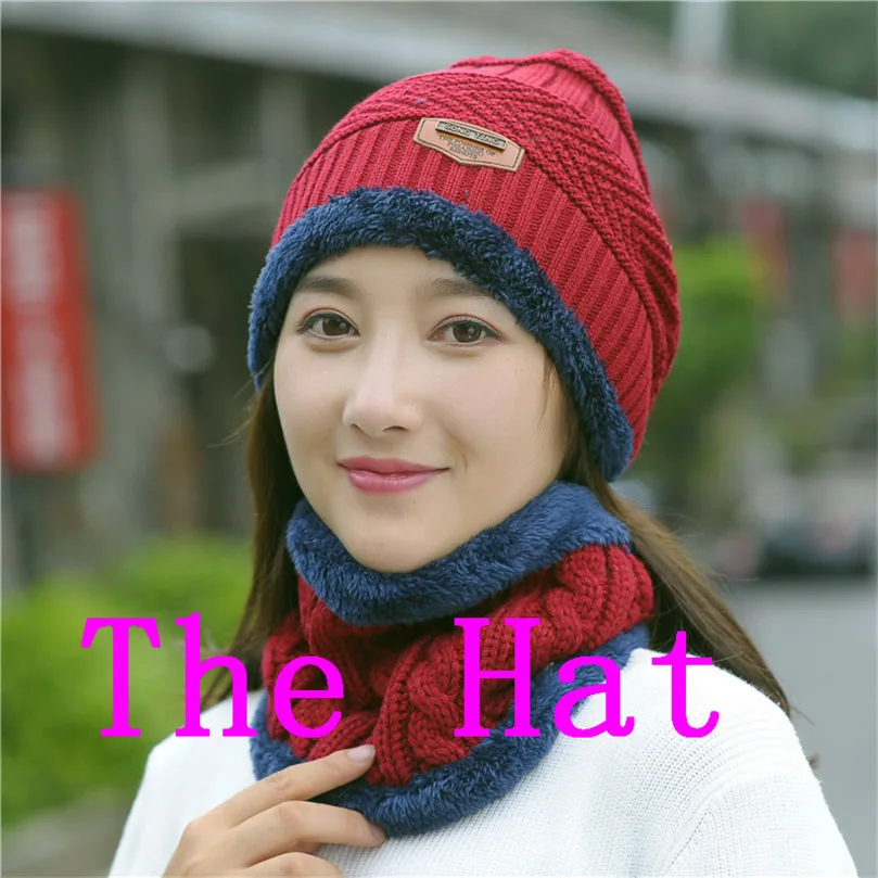 Women Scarf Hat Sets Ma'am Wool Hat Windbreak Knitting Hat Warm Increase Cashmere Thickness Scarf Integral Triangle Mark Set Hat - Color: wine red hat