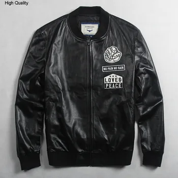 

Avirexmen men's fashion genuine leather jacket with pattern black leather bomber jacket men casual baseball jacket youth