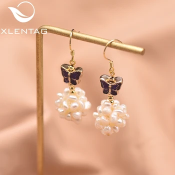 

XlenAg Pure Natural Geometric Shape White Freshwater Pearl Drop Earrings Female Butterfly Flower Shaped Cloisonne Jewelry GE0971
