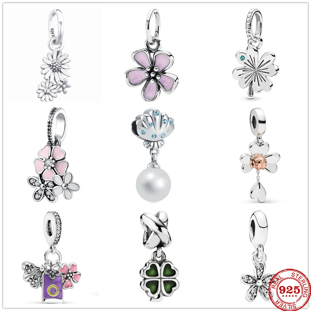 Hot sale 100% 925 Sterling Silver Flower Four leaf clover shell Charm Fit Original Pandora Bracelet Making DIY Jewelry For Women | Украшения