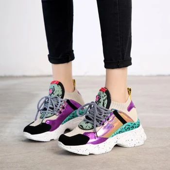 

2020 Spring Style Round Toe Platform Chunky Sneakers Women Dad Shoes Sock Champagne Purple Basket Femme Shoes Size 35-42 M9024