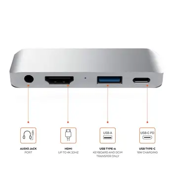 

4 in 1 Portable USB-C HUB Multiport Adapter to 3.5 Audio Jack Port,USB Type-A Port,18W USB-C Charging Port
