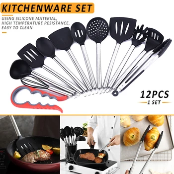 

Spot 12Pcs/set Silicone Kitchenwares Non-Stick Cooking Utensils Baking Tools Spatula Spoon Clip Kit with Stainless Steel Handle
