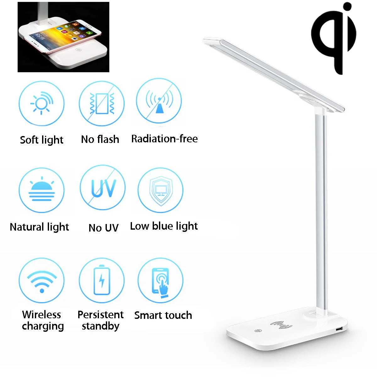 USB Charging LED Desk Table Lamp 5W Qi Wireless Phone Charger Night Reading Light Touch Switch Desk Lamps 3 Modes Desk