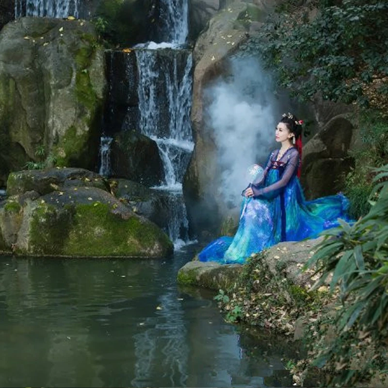 Костюм Hanfu Женский старинный Сказочный синий китайский традиционный народный костюм для танцев китайский женский длинный халат DQL1684