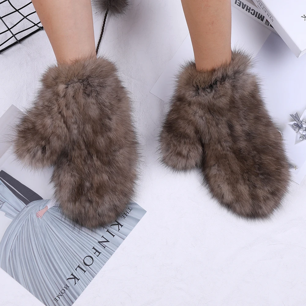 New Women Winter Luxury Sable Fur Gloves Kintting Mittens Girls Ski Gloves Warm Fur Mitts Russian Lady Wrist Glove