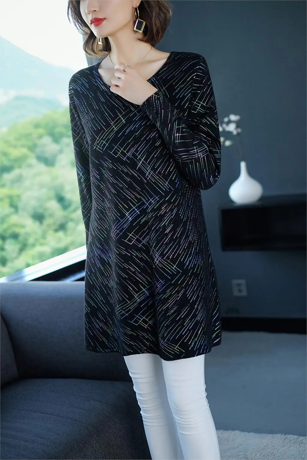 YISU трикотажное платье-свитер женское осенне-зимнее свободное платье-пуловер с длинными рукавами и круглым вырезом модное платье-свитер с принтом неоновой линии
