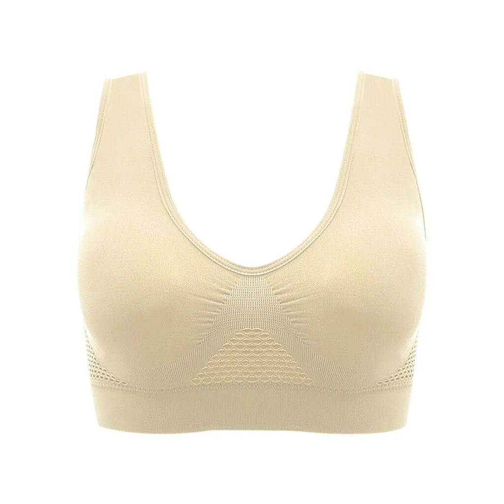 Beige Женское сексуальное нижнее белье, Воздухопроницаемый охлаждающий кружевной бюстгальтер с цветочным рисунком, бюстгальтер с подкладкой, летний спортивный бюстгальтер для йоги, беспроводной бюстгальтер, топы, бюстгальтер - Цвет: Beige