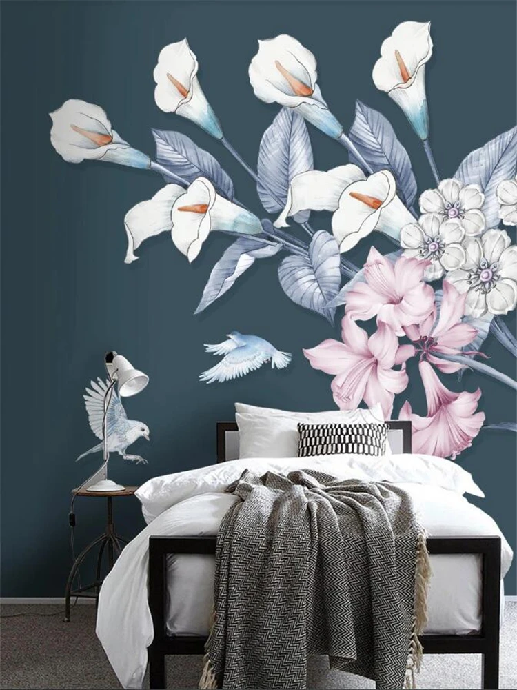 

Обои на заказ 3d скандинавские ручная роспись небольшие свежие цветы и птицы фон Магнолия стена Калла цветок украшение крыльца обои