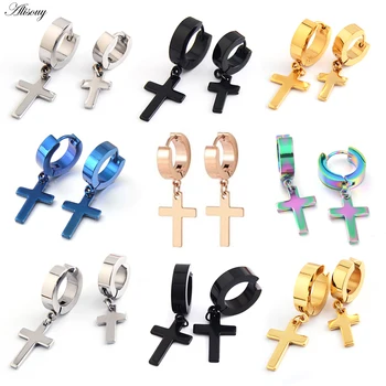 Alisouy 2pcs Women Men’s Stainless Steel Dropping Earrings Black/Silver Color Cross Gothic Punk Rock Style Pendientes Mujer Moda