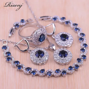 

Risenj Round Blue Stone White Zircon Silver Color Costume Jewelry Set For Women Earrings Ring Necklace With Bracelet Bridal Set