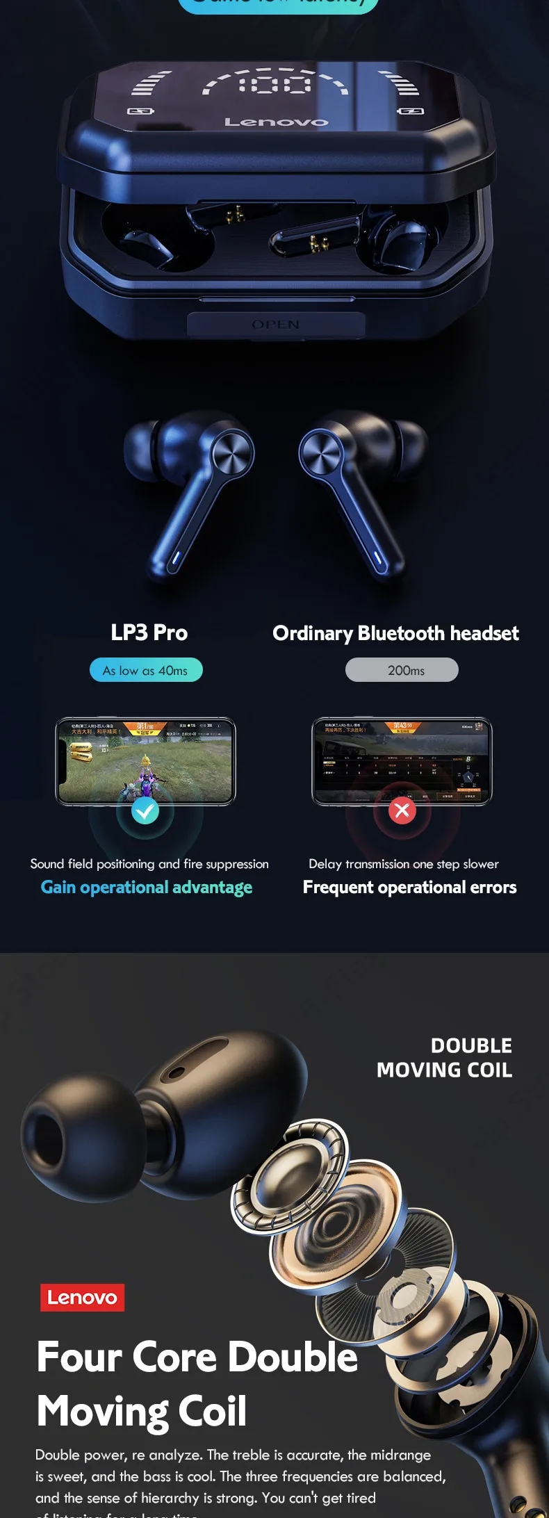 Lenovo LP3 PRO TWS Bluetooth 5.0 Headphone 1200mAh Large Capacity Battery Wireless Earphone HIFI Music Headset with Display