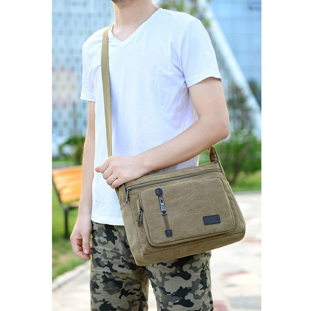 Multi-pocket Men Messenger Bag Single Shoulder Vintage Large Capacity Canvas Adjustable Strap Zipper Closure Travel Riding