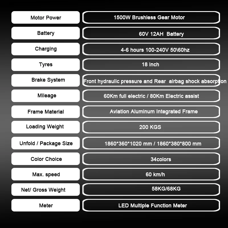 1500W high power Electric motorycycle wide tire 18inchlithium battery 60km double shock absorption scooter Adult men women