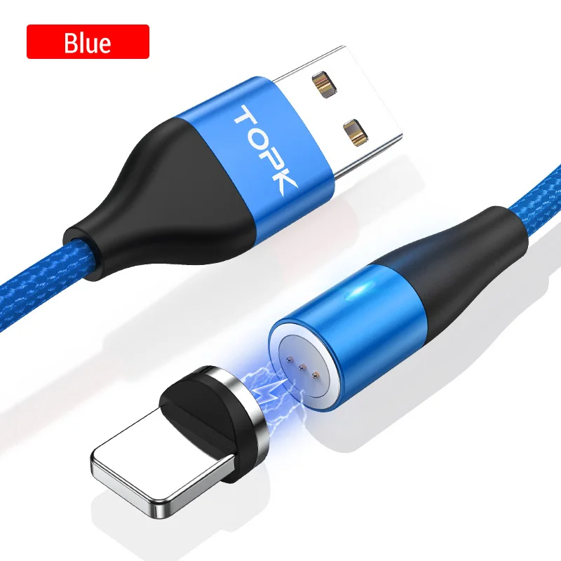Blue Магнитный usb-кабель TOPK 1 м 3 А, кабель для быстрой зарядки и передачи данных для iPhone Xs Max, Магнитный зарядный кабель Micro USB type-C для samsung S10 - Цвет: Blue