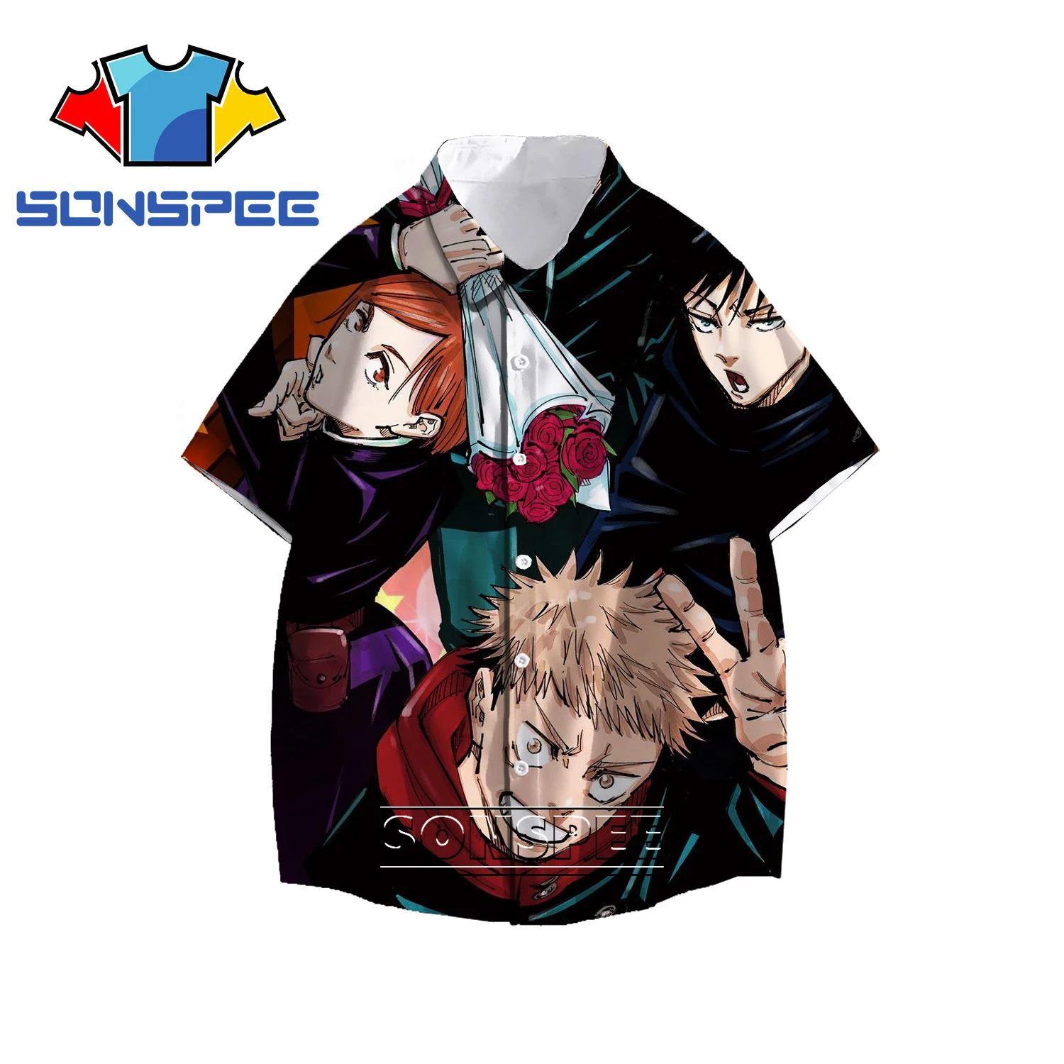 SONSPEE 3D Anime Fighting JiuJitsu Kaisen Japanese Casual Shirt Men's Women's Cartoon Poster Oversized Loose Cartoon Short Sleev