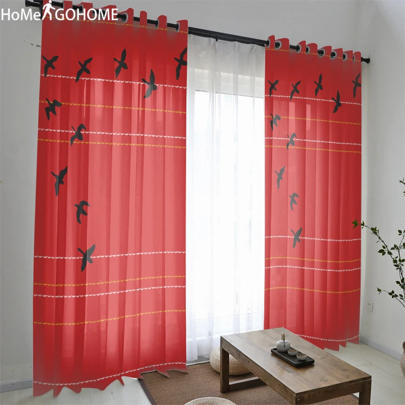 

Red Sheer Tulle Curtains For Living Room Flying Bird Decoration Window Curtain For Bedroom Curtains Cortinas For Double Room New