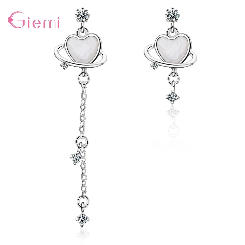 Cubic Zircon 925 Sterling Silver Planet Asymmetric Long Tassel Stud Earrings Fashion Heart Gift Jewelry For Women Girl | Украшения и